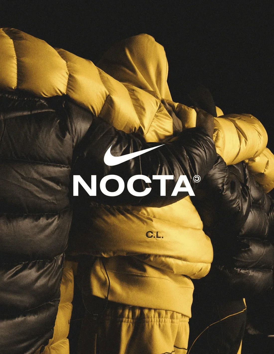 Yellow and black Nike NOCTA puffer jackets with logo, streetwear style on dark background
