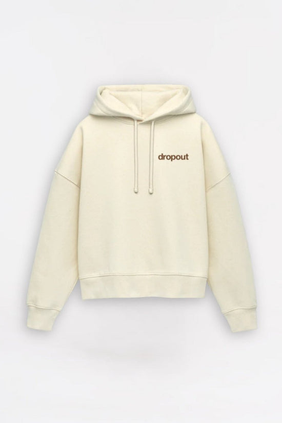 Beige hoodie with 'dropout' text on a white background