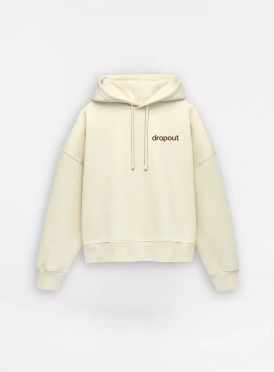 Beige hoodie with 'dropout' text on a white background