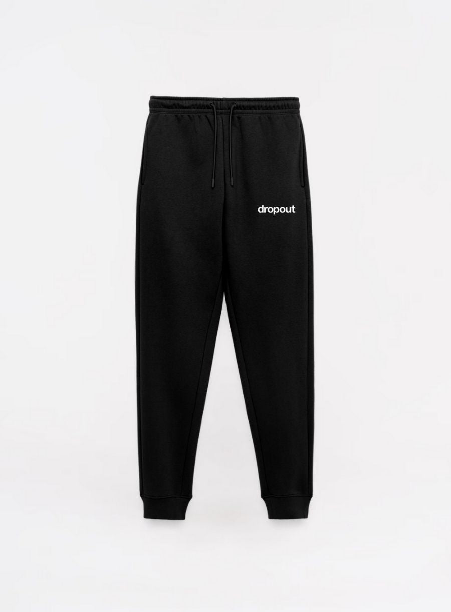 Black sweatpants with 'dropout' logo on a white background
