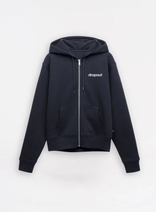 Black zip-up hoodie with dropout logo, front pockets, and drawstring hood on white background