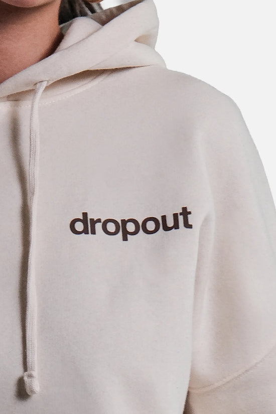 Beige hoodie with 'dropout' text on a white background