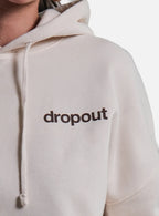 Beige hoodie with 'dropout' text on a white background