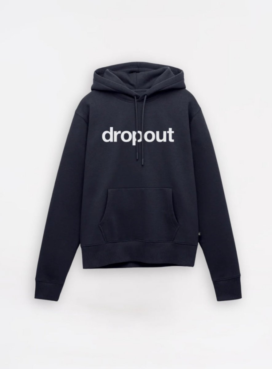 navy hoodie with 'dropout' text on a white background