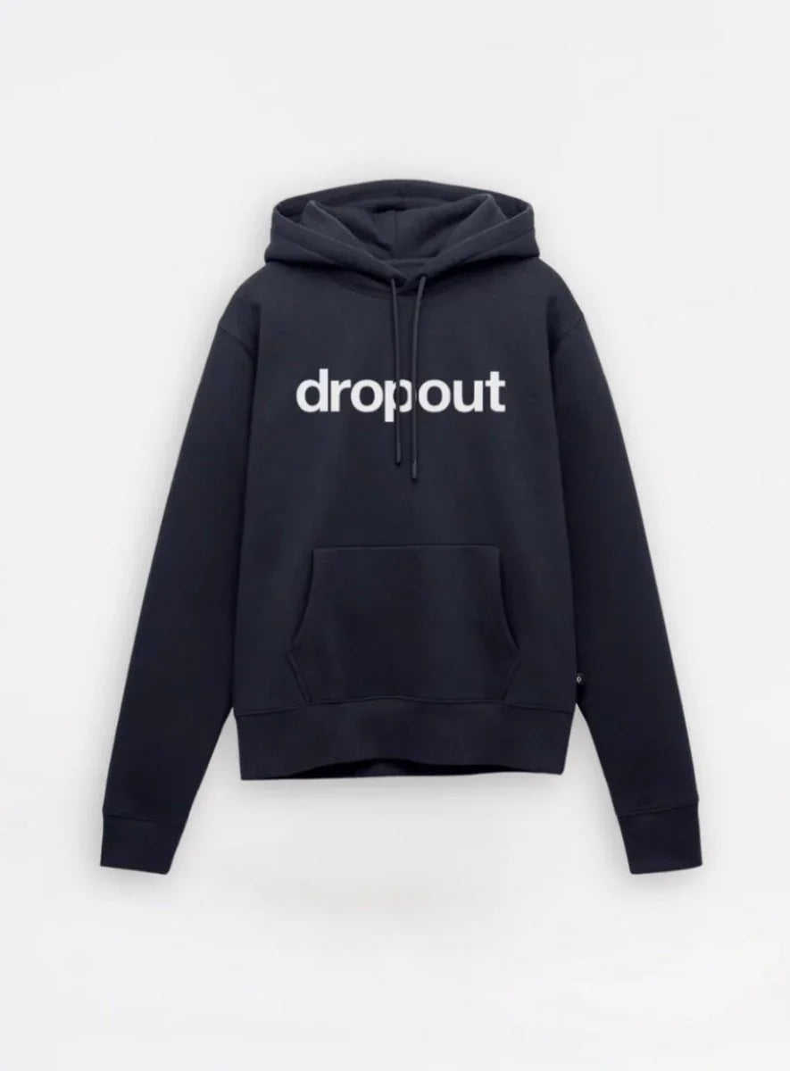 navy hoodie with 'dropout' text on a white background