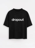 Black streetwear t-shirt with bold white dropout text, minimalist style