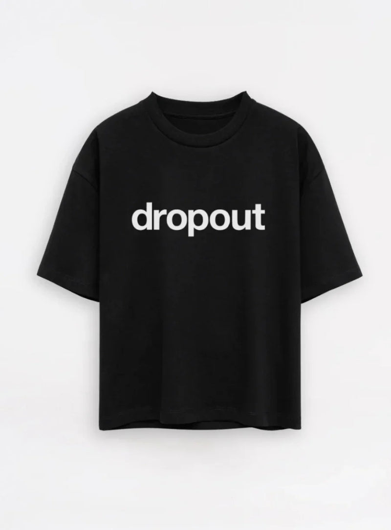 Black streetwear t-shirt with bold white dropout text, minimalist style