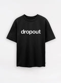 Black streetwear t-shirt with white dropout text, minimalist design, sneaker culture fashion