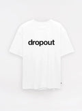 White streetwear t-shirt with bold black dropout logo on front, minimalist style.