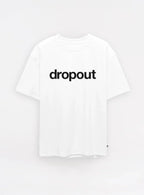 White streetwear t-shirt with bold black dropout logo on front, minimalist style.