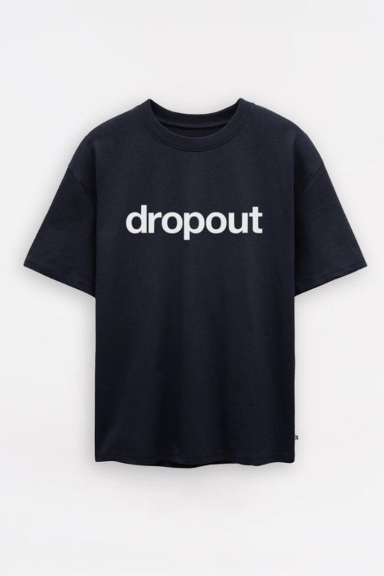 navy t-shirt with 'dropout' text on a white background