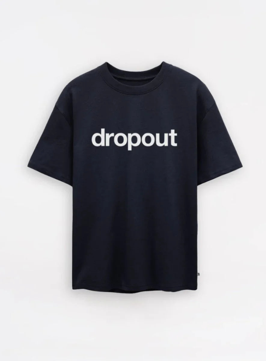 navy t-shirt with 'dropout' text on a white background