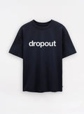 navy t-shirt with 'dropout' text on a white background