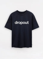 navy t-shirt with 'dropout' text on a white background
