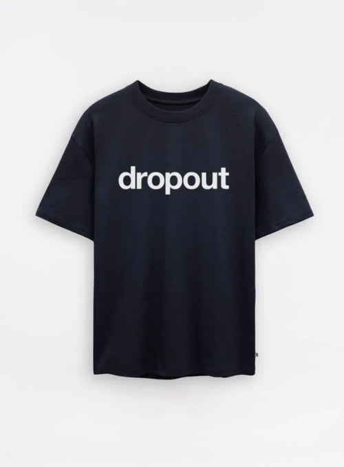 navy t-shirt with 'dropout' text on a white background