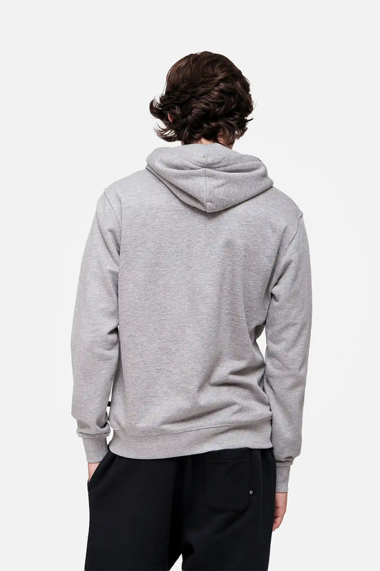Person wearing a grey hoodie from behind on a white background