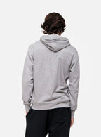 Person wearing a grey hoodie from behind on a white background