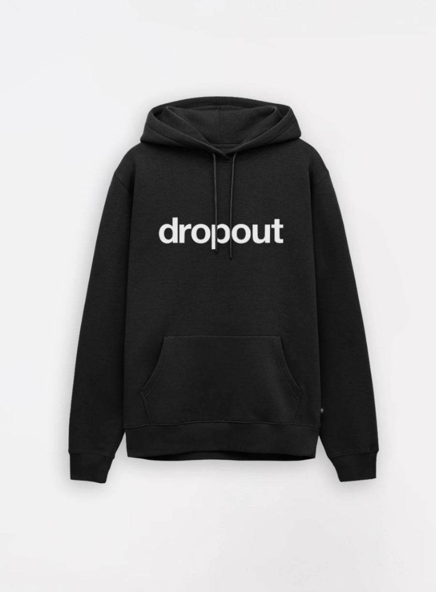 Black hoodie with 'dropout' text on a white background