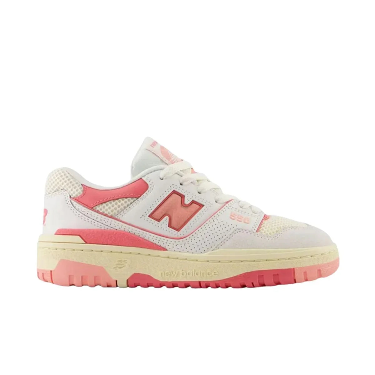 White and pink sneaker with New Balance logo on a white background