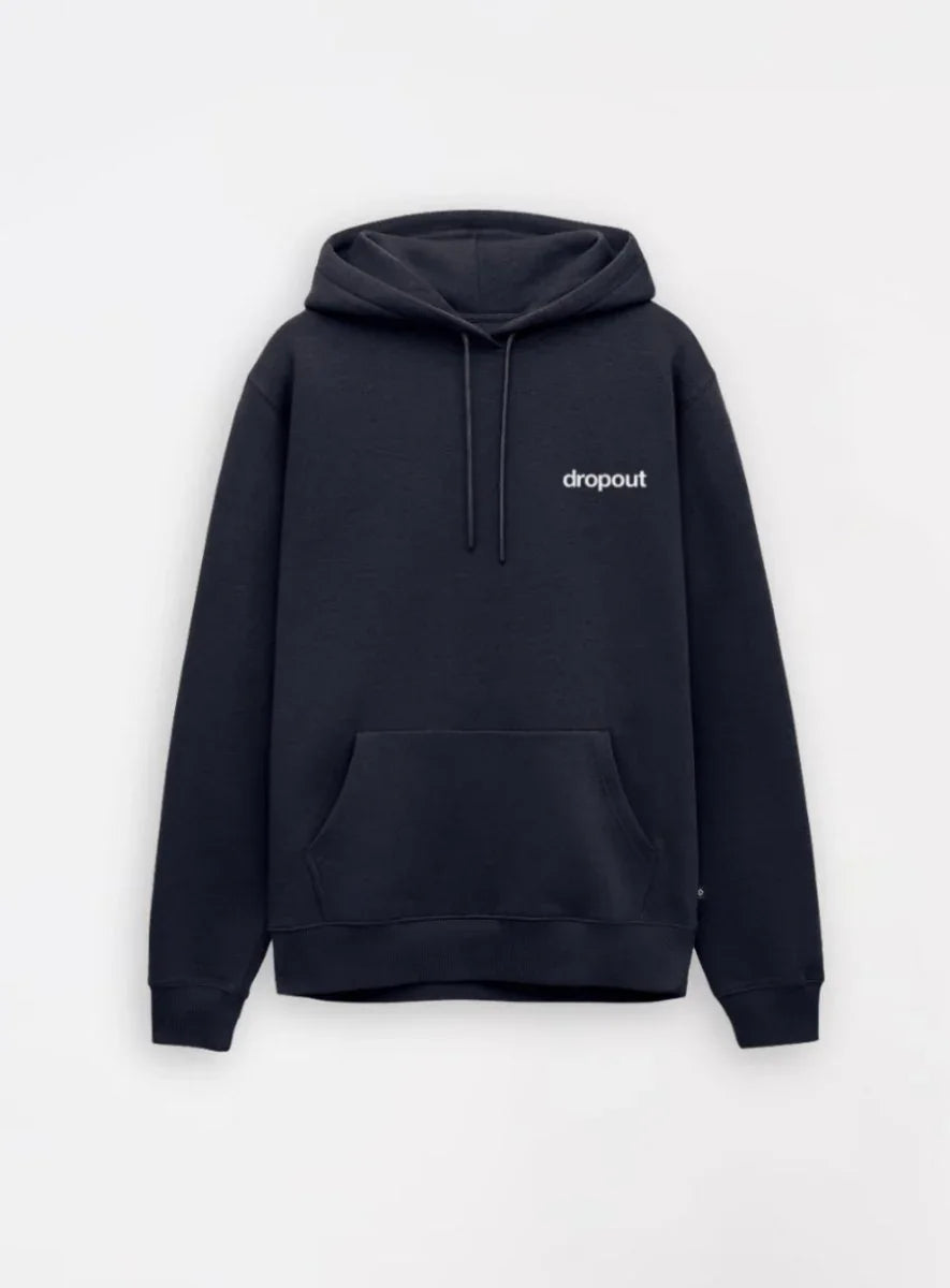 Black streetwear hoodie with front pocket and white dropout logo on chest