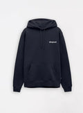 Black streetwear hoodie with front pocket and white dropout logo on chest