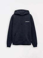 Black streetwear hoodie with front pocket and white dropout logo on chest
