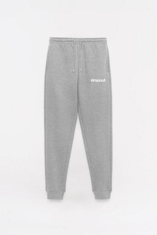 Gray sweatpants with 'dropout' logo on a white background