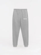 Gray sweatpants with 'dropout' logo on a white background