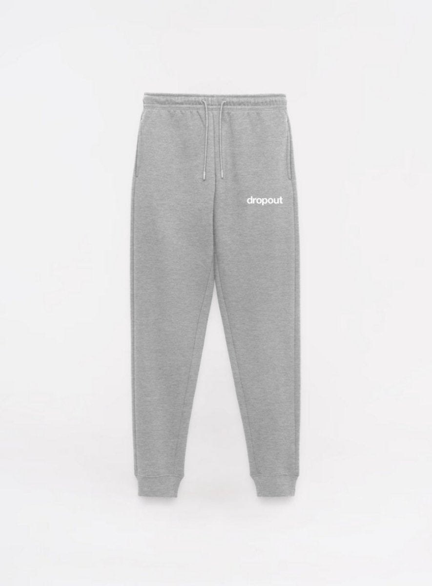 Gray sweatpants with 'dropout' logo on a white background