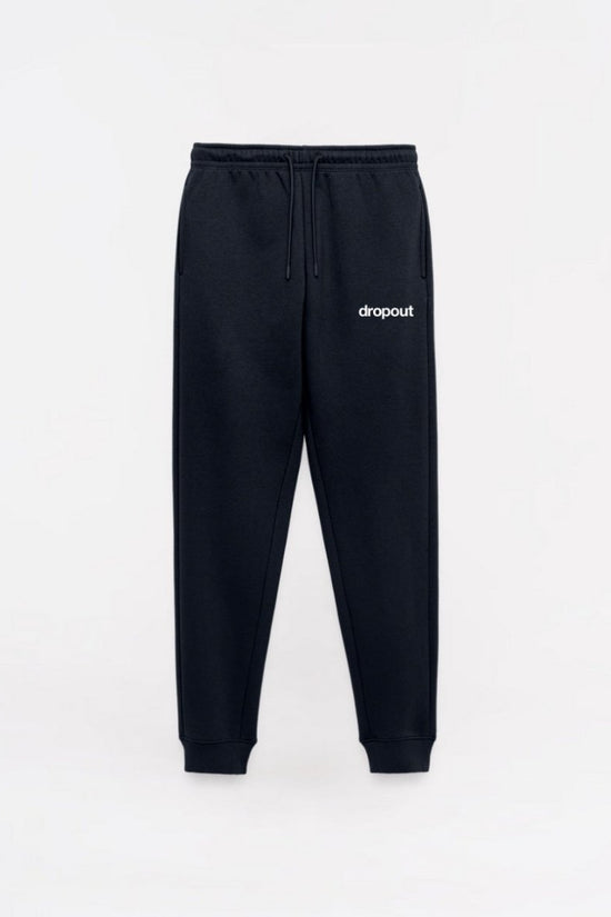 Black sweatpants with 'dropout' logo on a white background