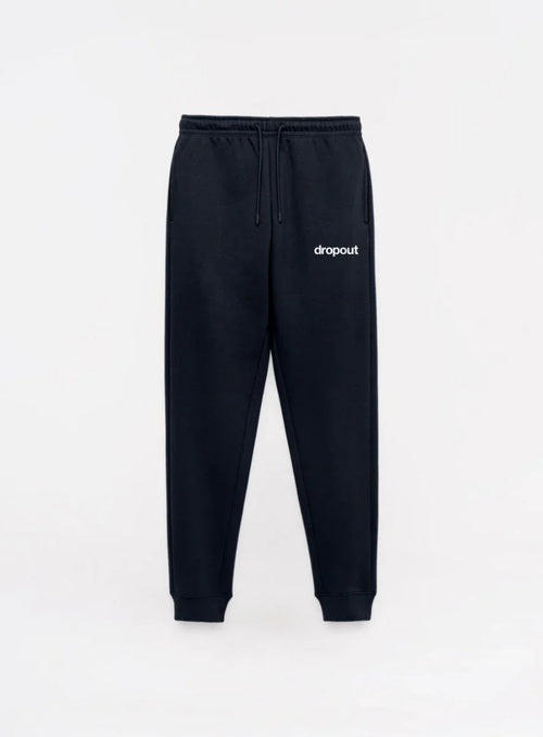 Black sweatpants with 'dropout' logo on a white background