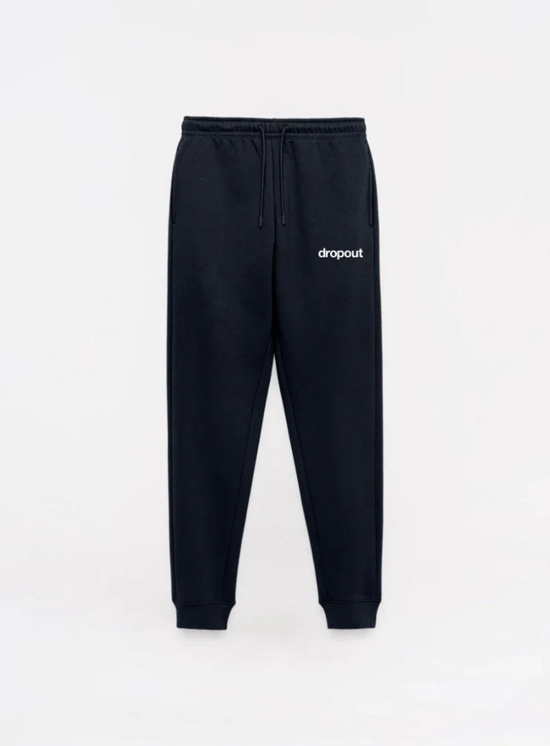 Black sweatpants with 'dropout' logo on a white background