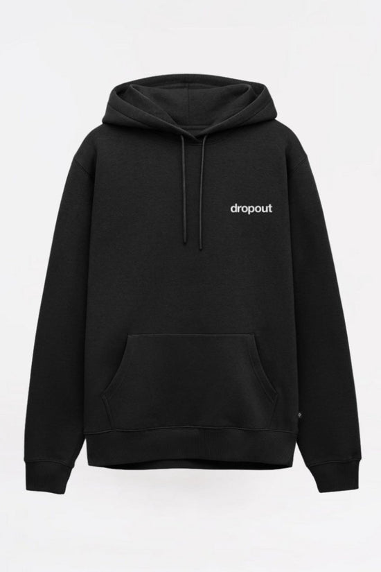 Black hoodie with 'dropout' logo on a white background