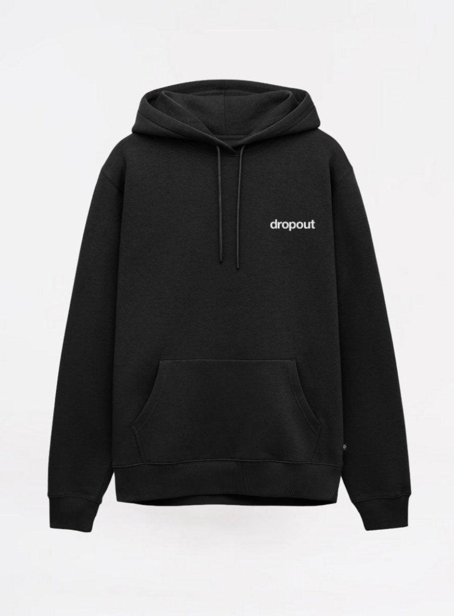Black hoodie with 'dropout' logo on a white background