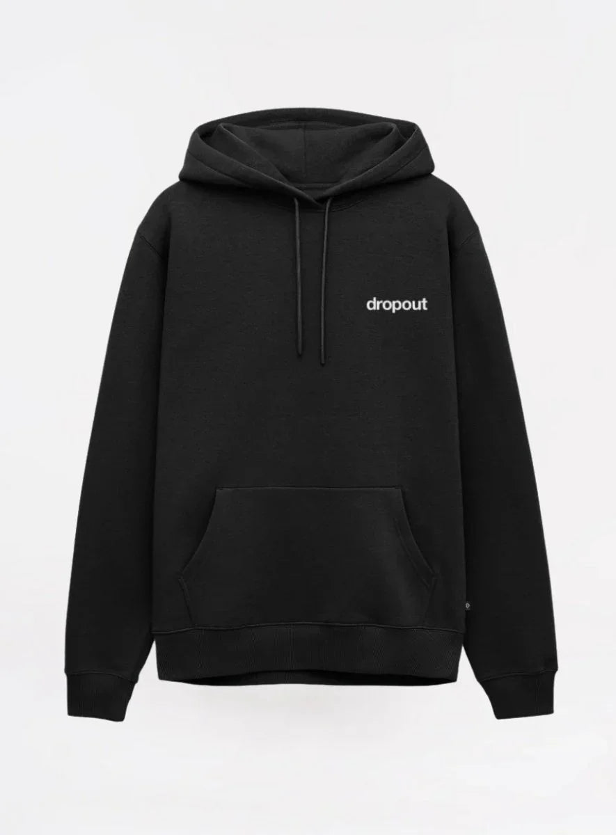 Black hoodie with 'dropout' logo on a white background