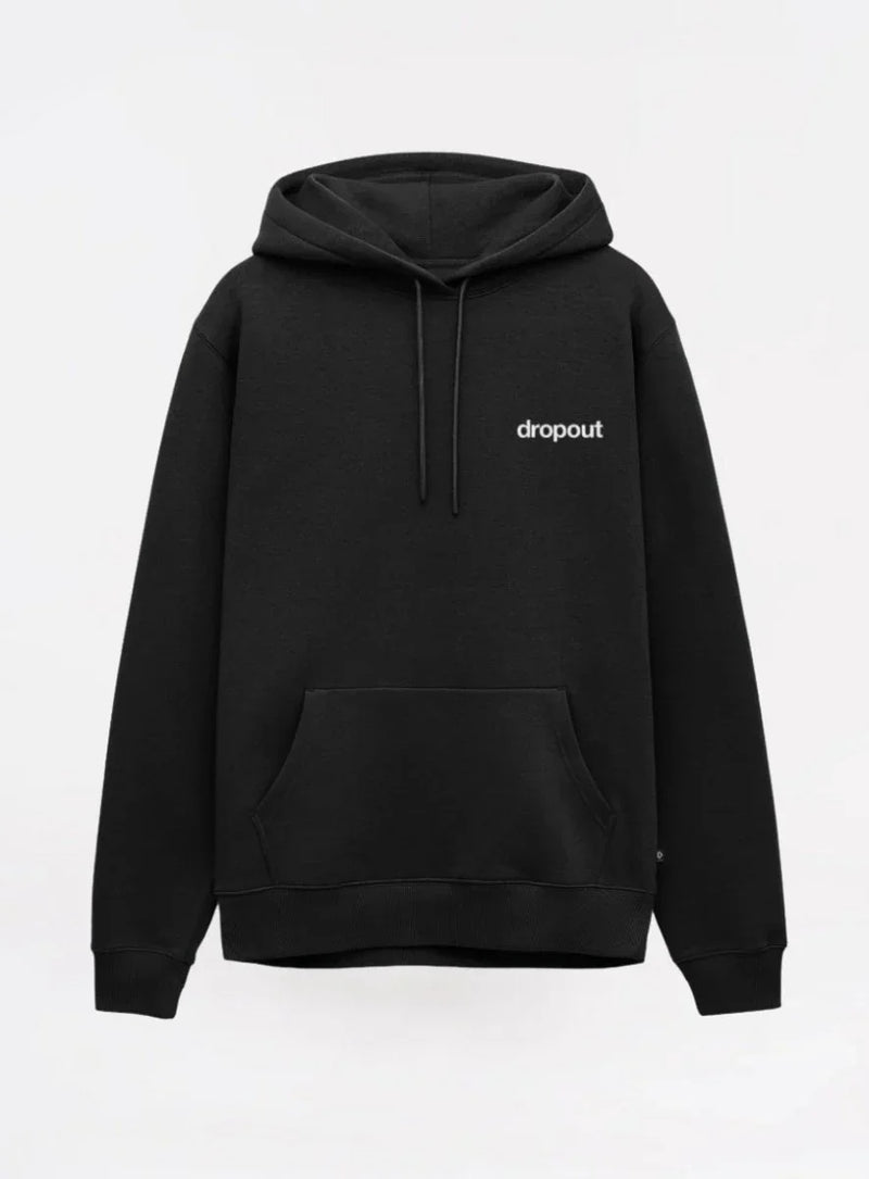 Black hoodie with 'dropout' logo on a white background