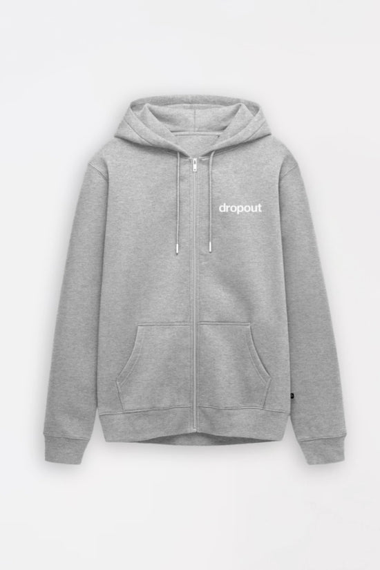 grey hoodie with 'dropout' logo on a white background