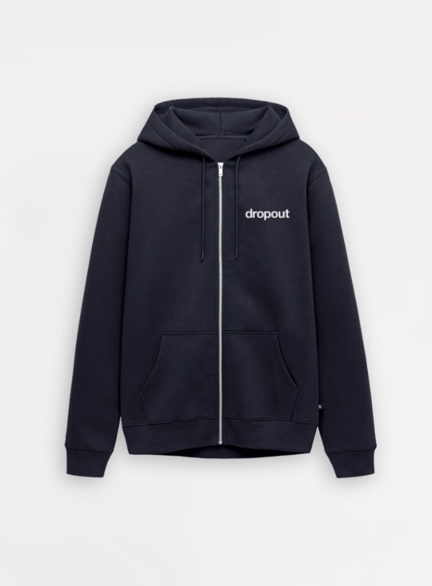 Black hoodie with 'dropout' logo on a white background