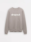 Beige streetwear sweatshirt with 'dropout' text in white, crewneck, minimalist design