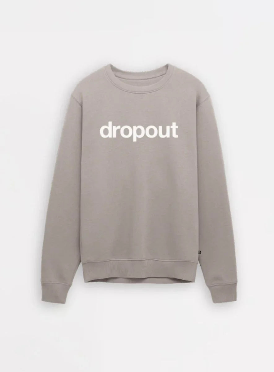 Beige streetwear sweatshirt with 'dropout' text in white, crewneck, minimalist design
