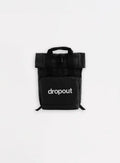 Black streetwear backpack with dropout logo, urban style, front pocket, white background