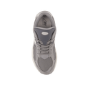 Top view of a grey mesh and suede sneaker with lace-up design, streetwear sneaker style