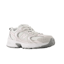 White and grey mesh streetwear sneaker with suede accents, side logo, chunky sole