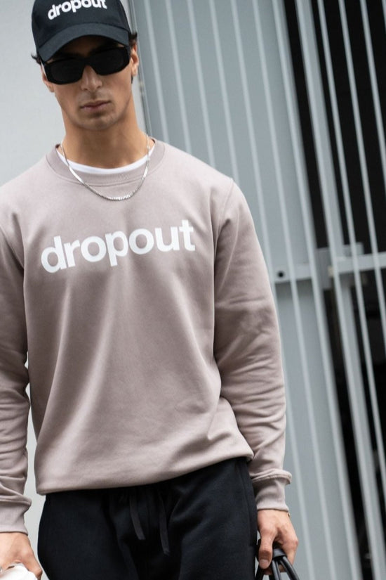 Person wearing a taupe 'dropout' sweatshirt and cap in front of a metallic fence.