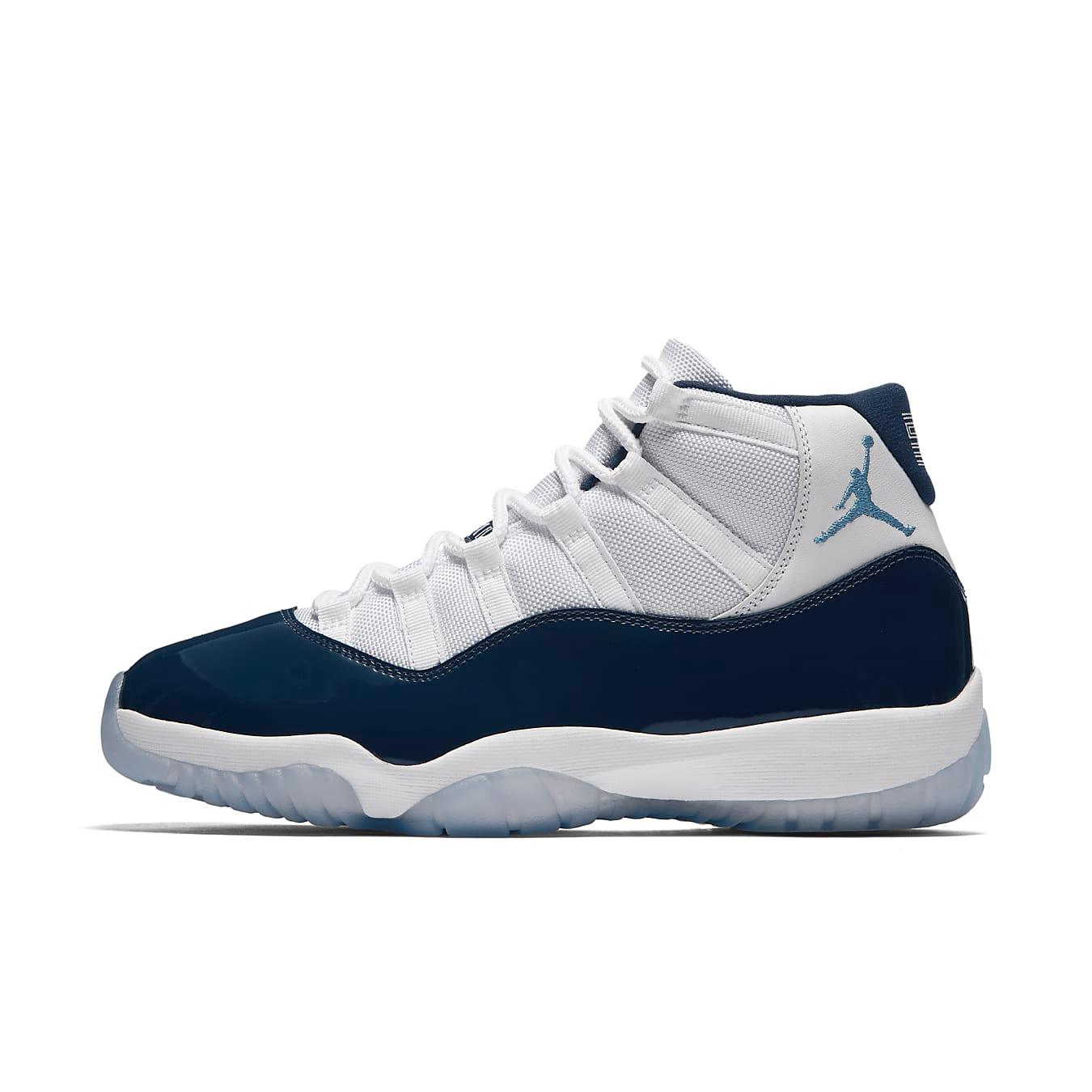 Air Jordan 11 Retro UNC Win Like 82 sneakers in navy and white colorway, celebrating Michael Jordan's iconic NCAA moment.