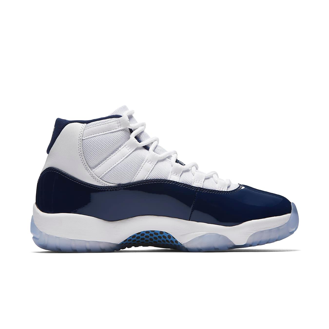 Jordan 11 Retro UNC Win Like 82 sneaker in navy and white, celebrating Michael Jordan's NCAA championship victory.