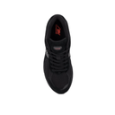 Black New Balance running sneaker top view, mesh and suede with lace-up design