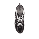 Black and white New Balance running sneaker top view, mesh panels, streetwear shoe