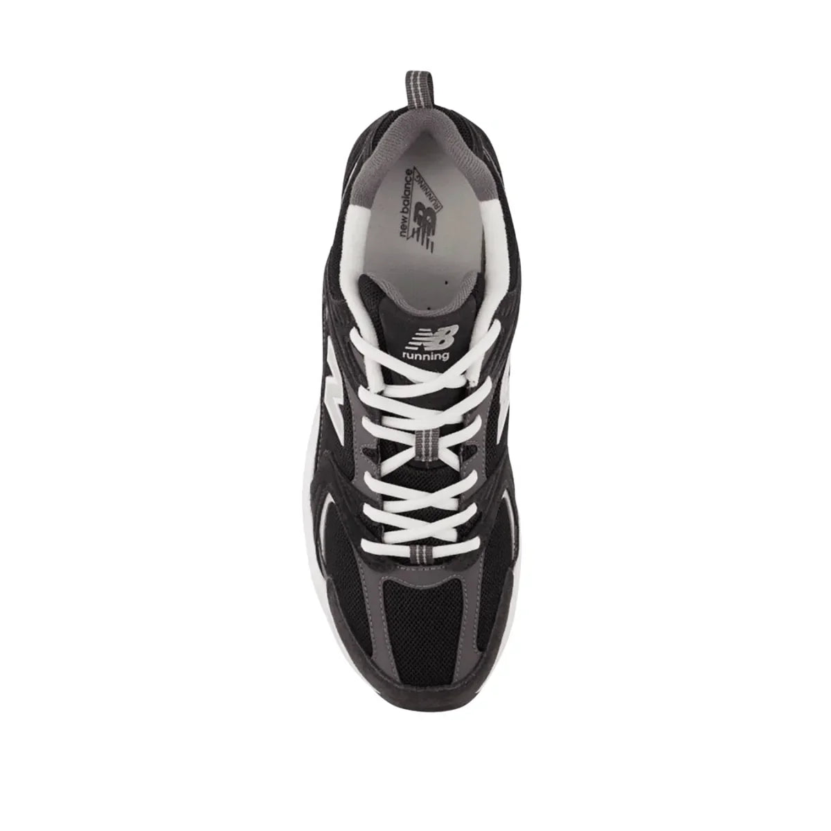 Black and white New Balance running sneaker top view, mesh panels, streetwear shoe