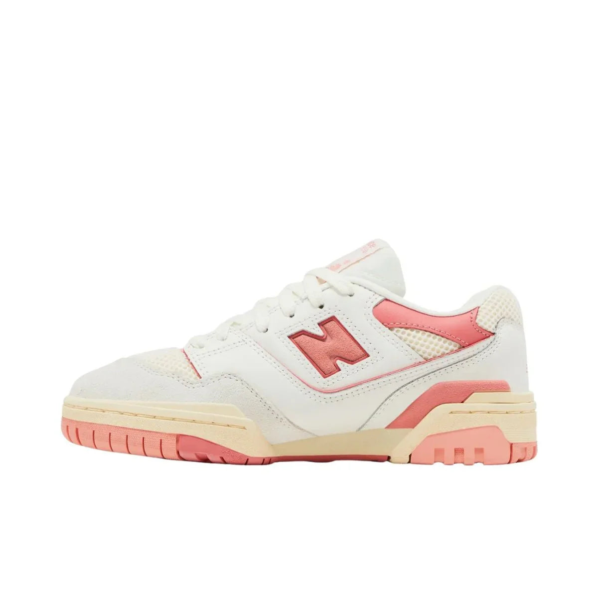 White and pink sneaker with New Balance logo on a white background